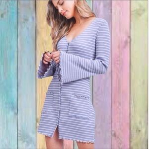 Whiteroom Cactus Blue Pink Ribbed Striped Button Down Lettuce Edging Dress